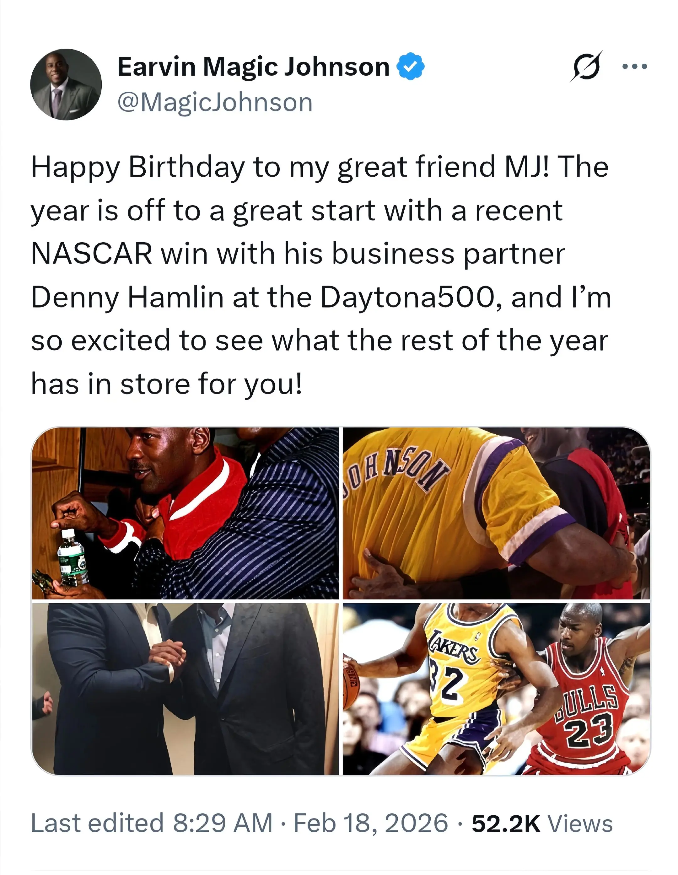 好友魔术师约翰逊为好友迈克尔乔丹送上生日祝福！