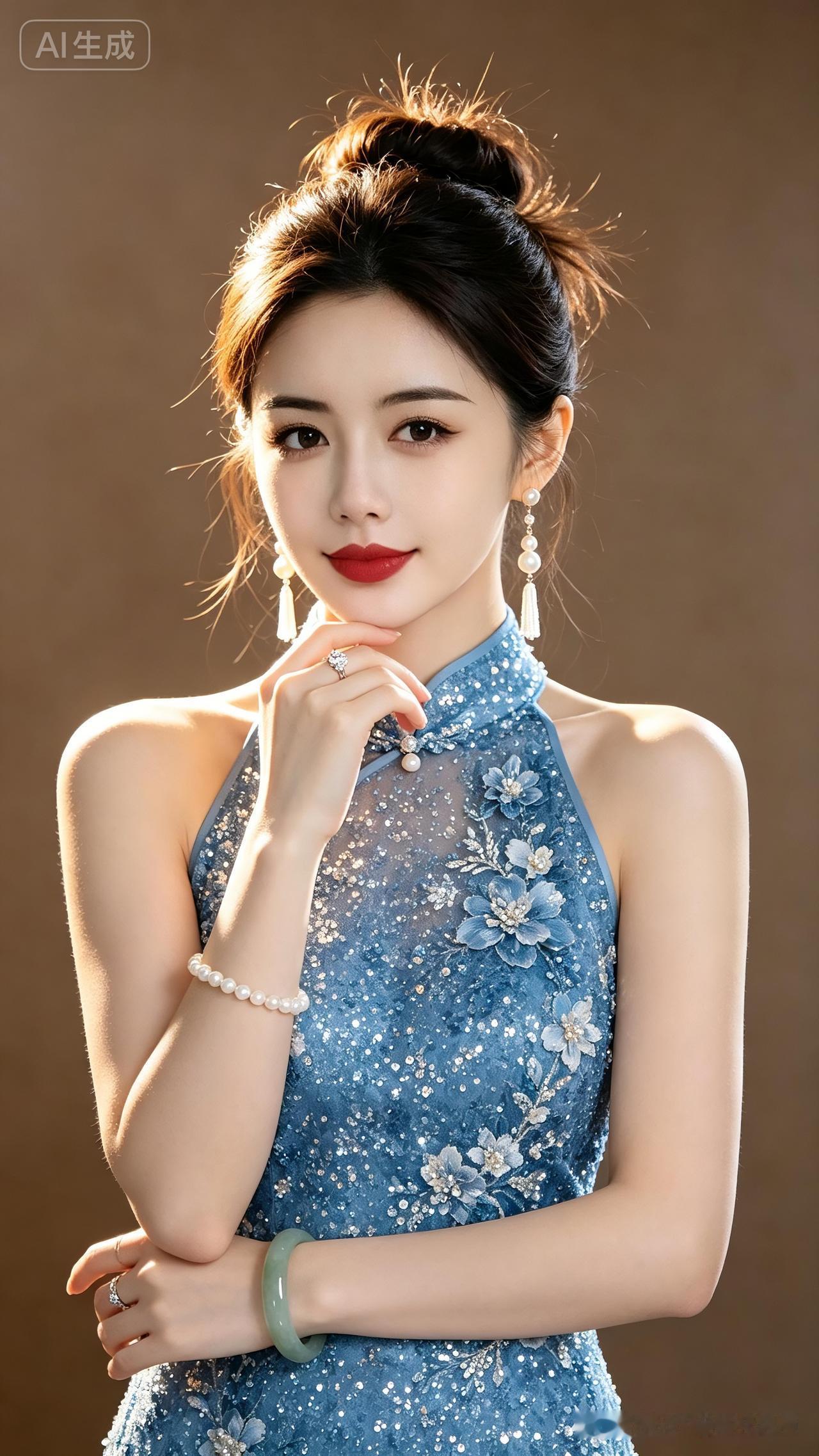 温婉东亚女子棕调低丸子头，白皮眉眼柔和，重工蓝色亮片挂脖旗袍，珍珠钻石青玉饰，侧
