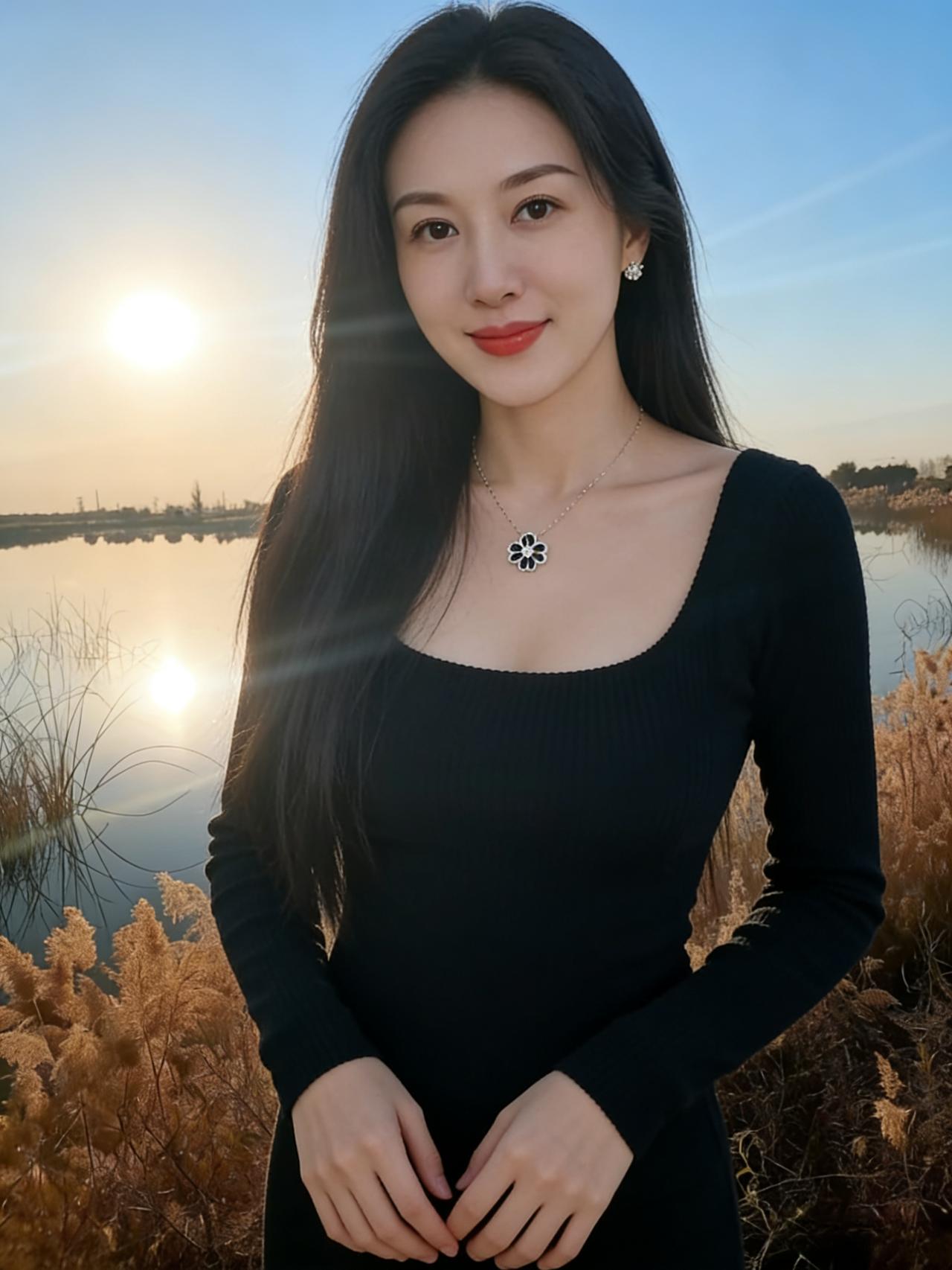 夕阳把最后一笔金，
泼在湖面，
风牵着芦苇的手，
轻轻摇晃。
～
你的黑发垂落，