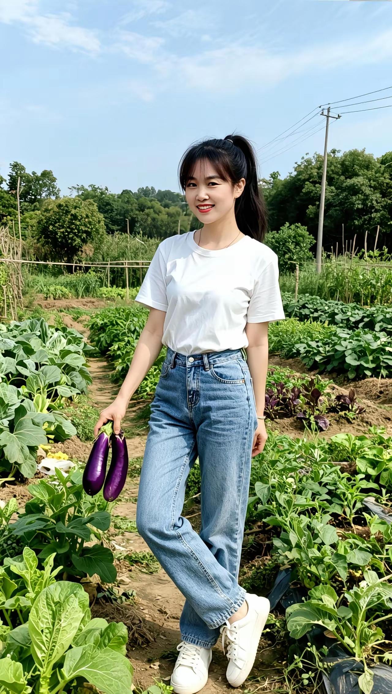 田园少女，手捧茄子，笑靥如花，自然清新。