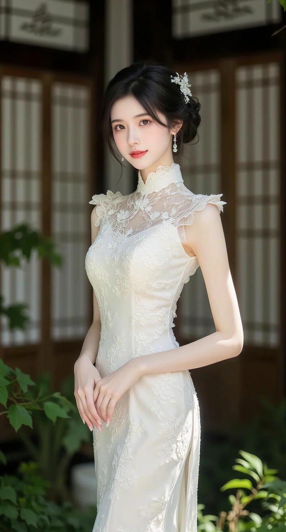 温婉东方旗袍美人✨
清冷又温婉的古典长相，乌黑柔顺的长发挽成雅致低盘发，点缀素雅