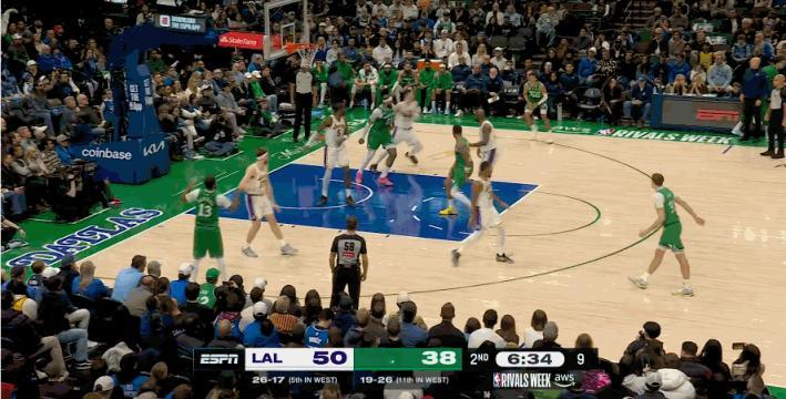 克里斯蒂这个球漂亮不？
十足的曼巴的风格啊
克里斯蒂直面东契奇和詹姆斯的防守，一