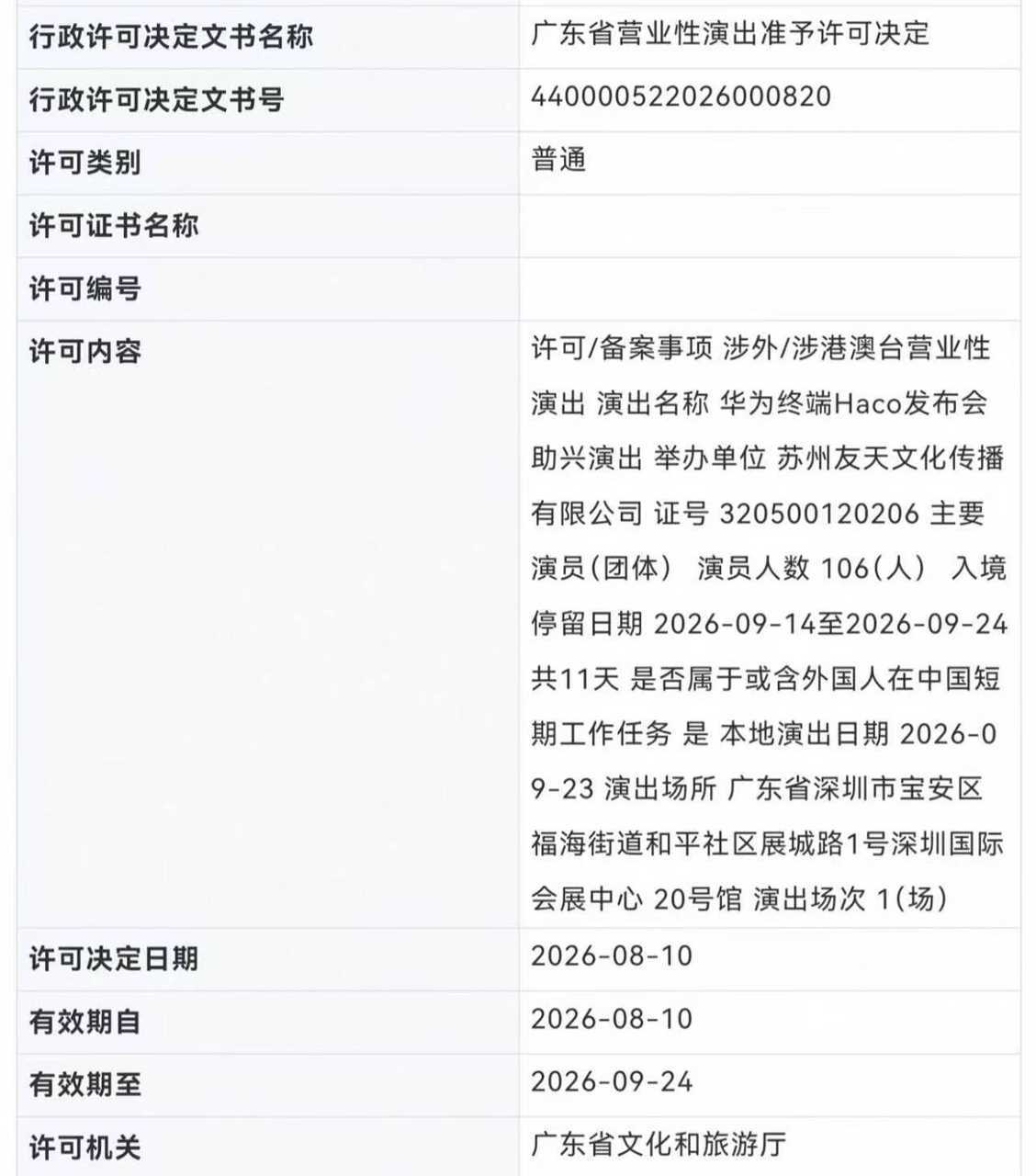 有一个9月23日的演出获批了，名称是华为终端Haco发布会助兴演出，好难猜啊，难