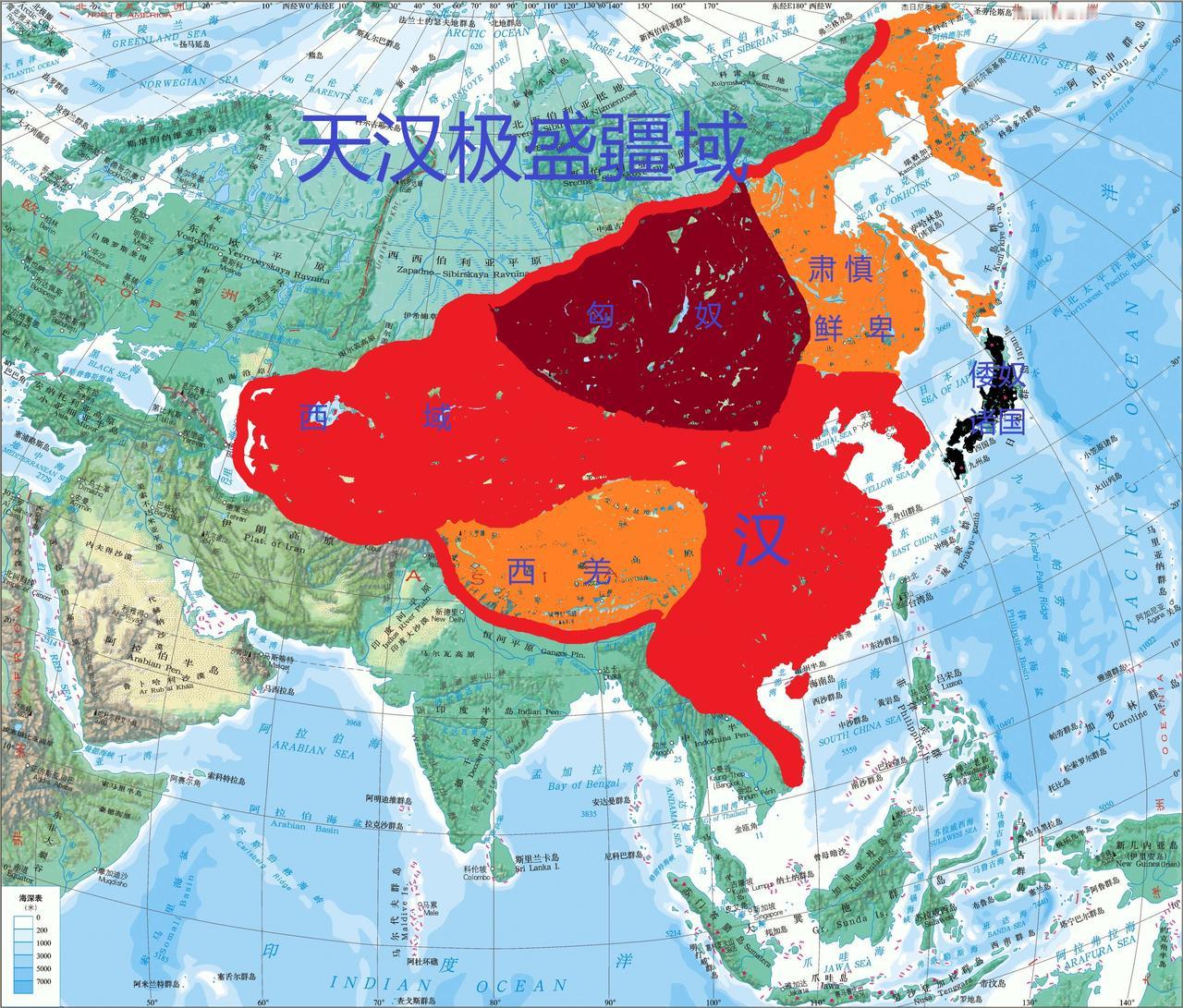 北至：北达北冰洋，最北约在亚洲极东北的北冰洋沿岸
南至：南达日南郡，最南约在曾母