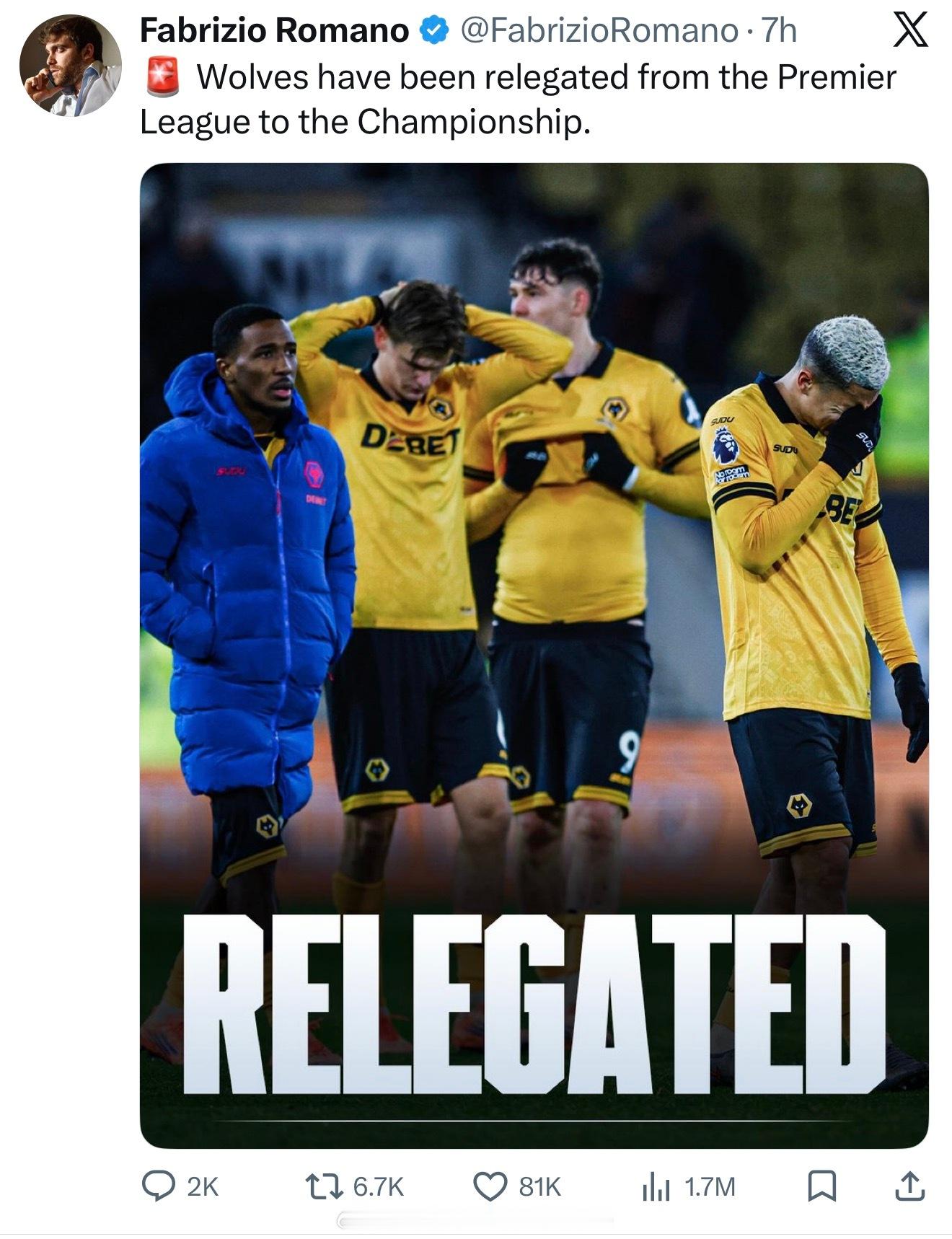 狼队确认从英超降级英冠想起腾哈格喝索肖执教时我们反复对阵狼队… 