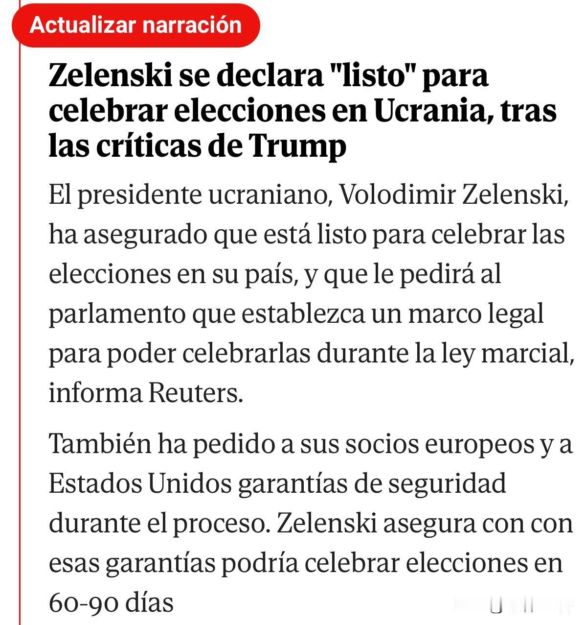 针对川普认为乌克兰应该选举的说辞，泽总已做出保证，他准备在本国举行选举。他将要求