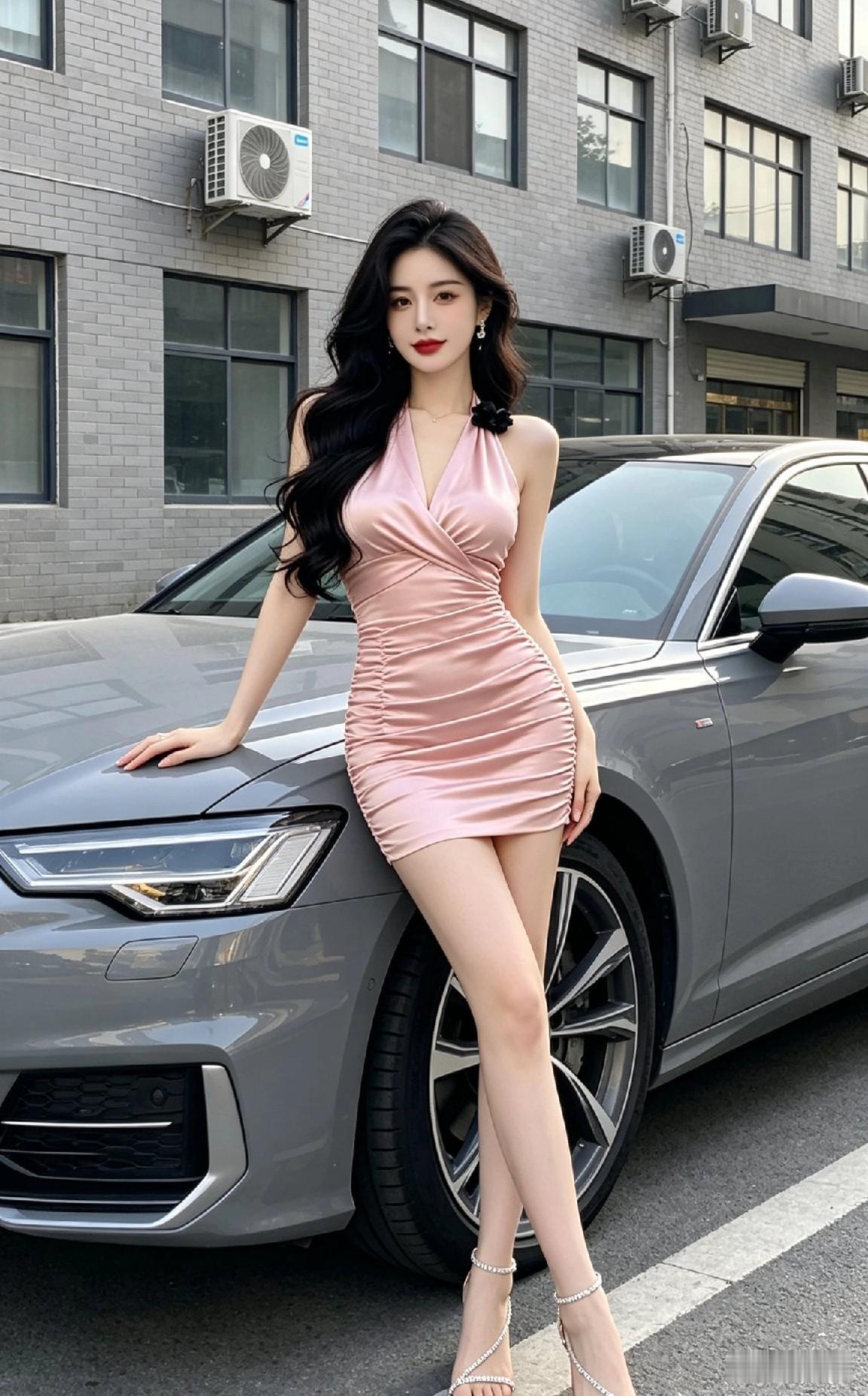 都市女神范儿，粉色连衣裙搭配高跟鞋，优雅气质满分！