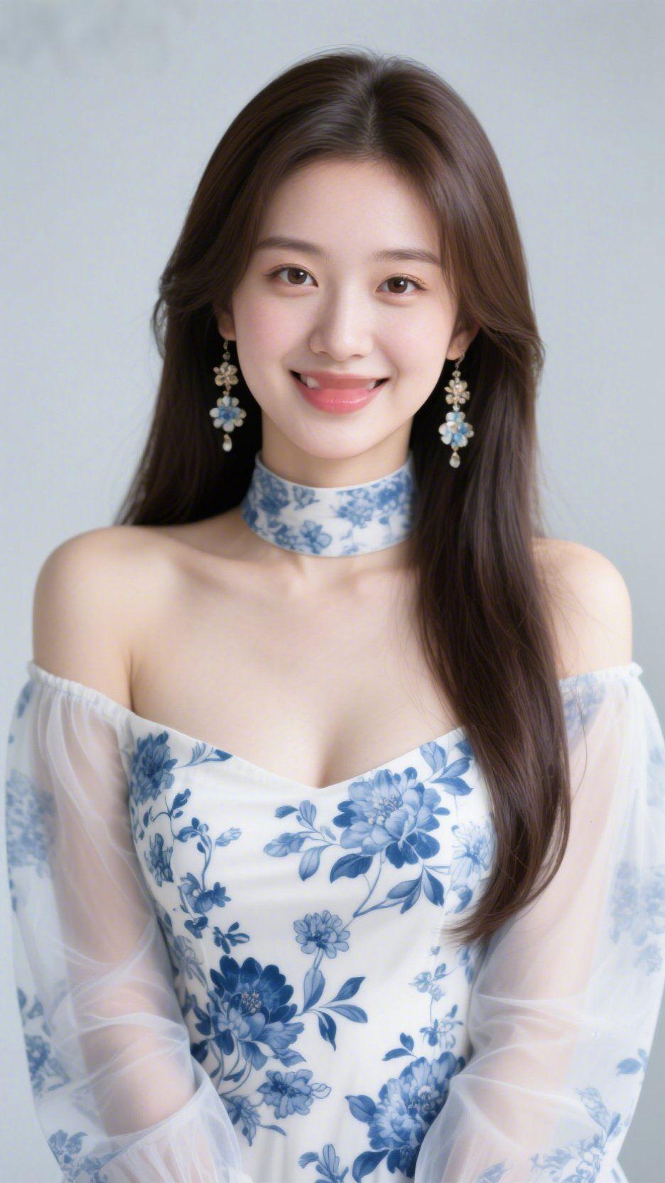 青花映眸藏温柔
 
一袭青花礼裙漾着清浅的温柔，似将江南烟雨揉进了衣袂。颈间的青