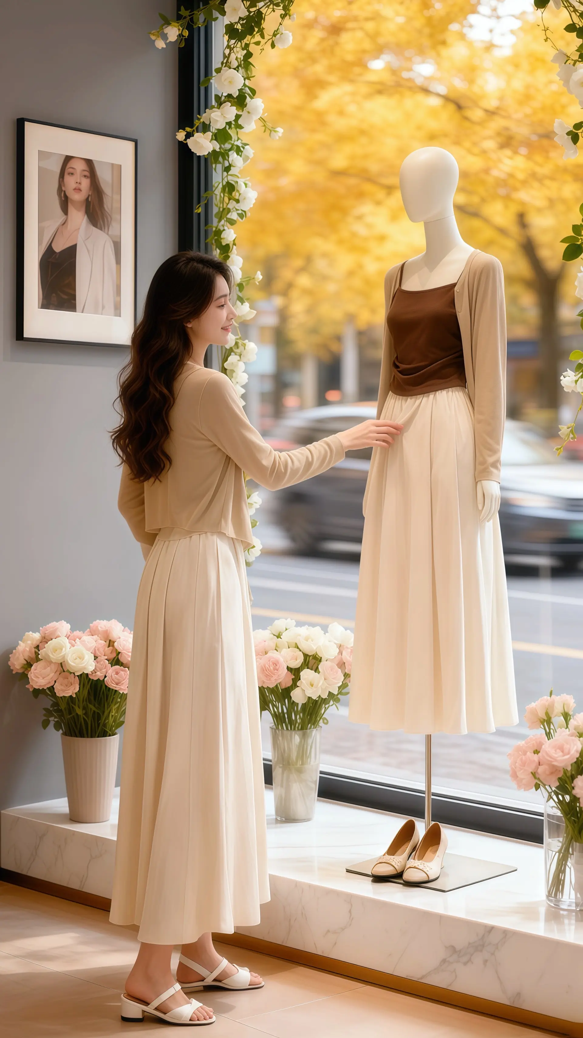 她穿着时尚休闲三件套，在轻奢女装店的落地窗前，与秋天撞了个满怀。米白色...