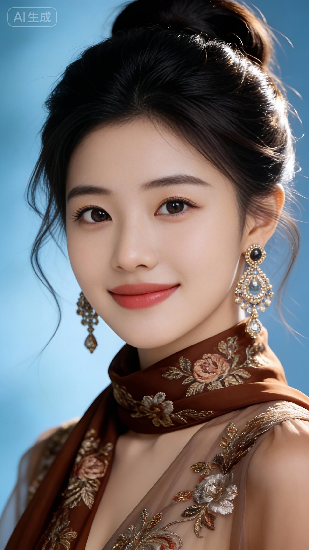 绝色佳人，浓妆艳抹，咖色绣花纱衣服，咖色绣花丝巾柔美，高盘发，微乱，有光感，精致