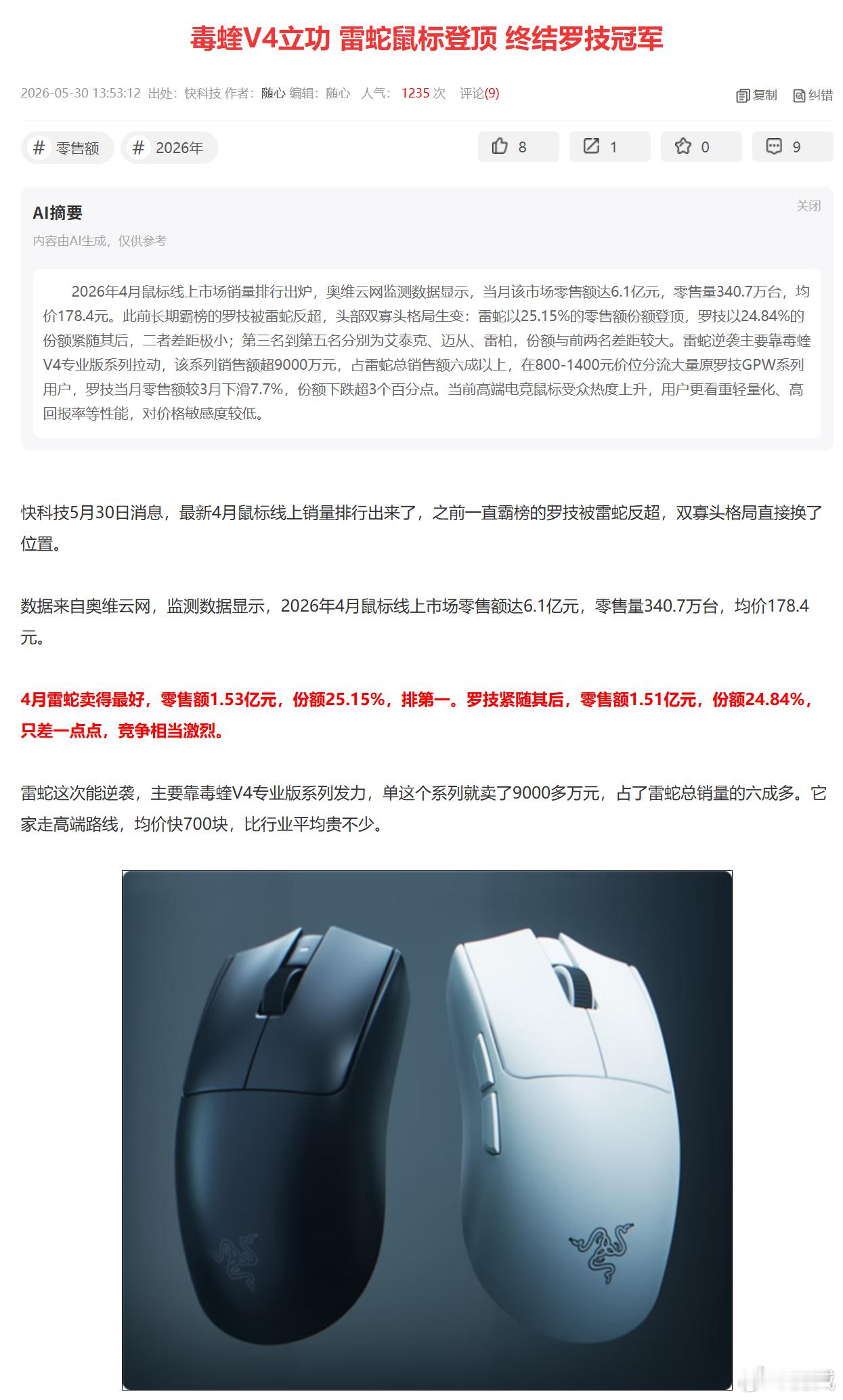 罗技4月份线上零售额竟然还能排在第二位，市占率只跌了3.48%，什么时候能滚出前