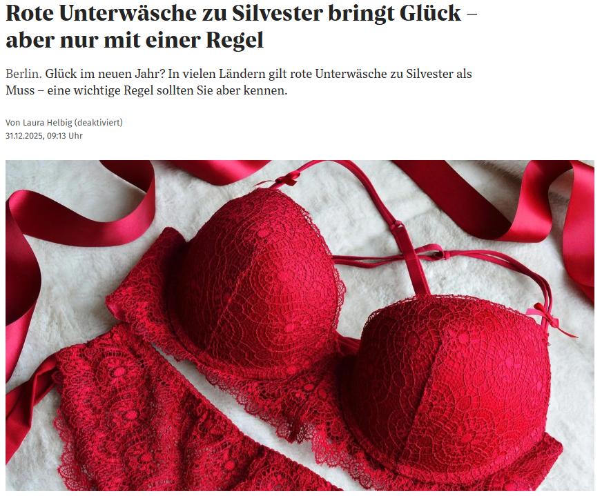 德国流行过年穿红内裤，称习俗源于中国
据《柏林晨报》1月1日的消息，德国、西班牙