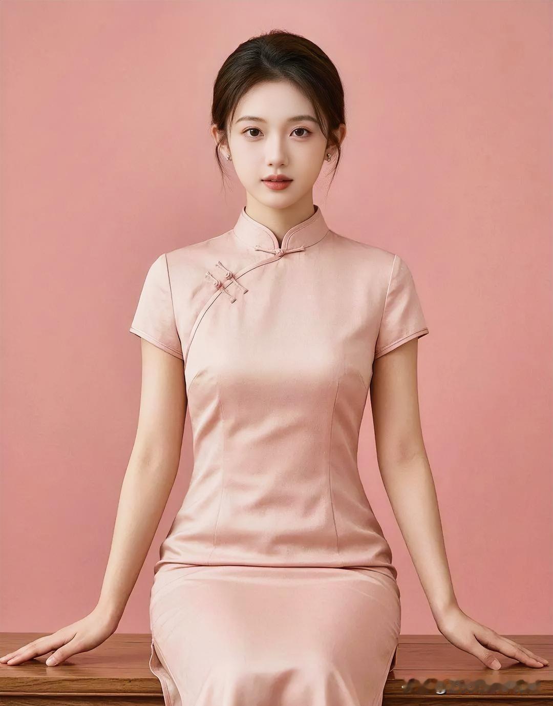 粉缎如云，轻裹玲珑身段。低眉浅笑，温婉从容，东方气韵在旗袍的线条间静静流淌，岁月