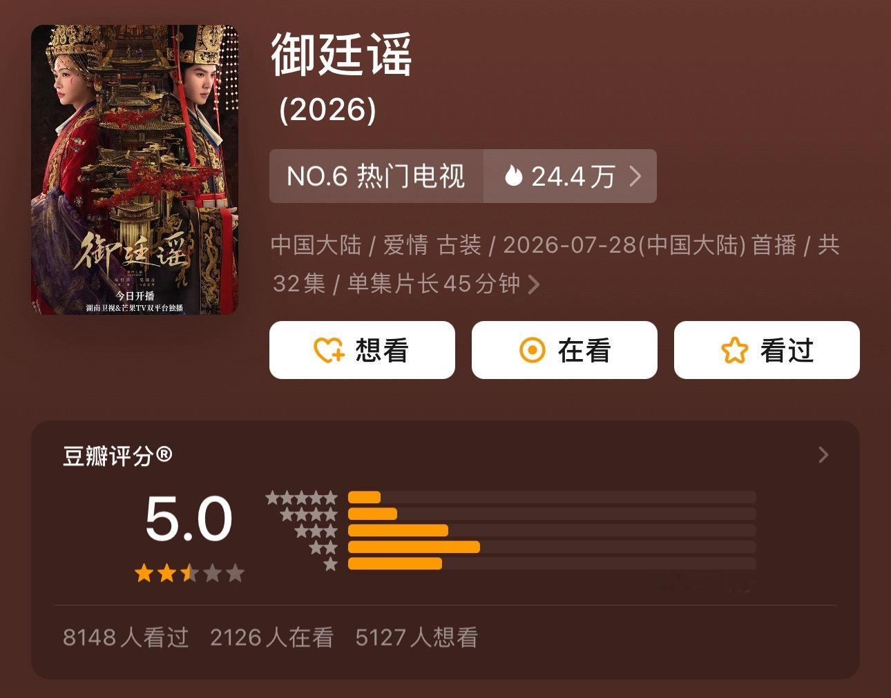 《天才，女友》豆瓣评分开了5.3分《御廷谣》豆瓣评分开了5.0分两部暑期档的剧都