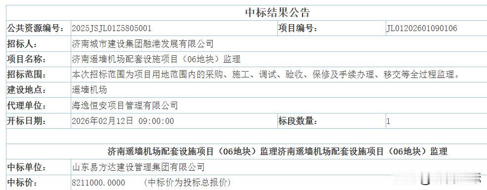 大项目，监理中标821.1万，国有监理企业

2026年2月25日，济南某公共资