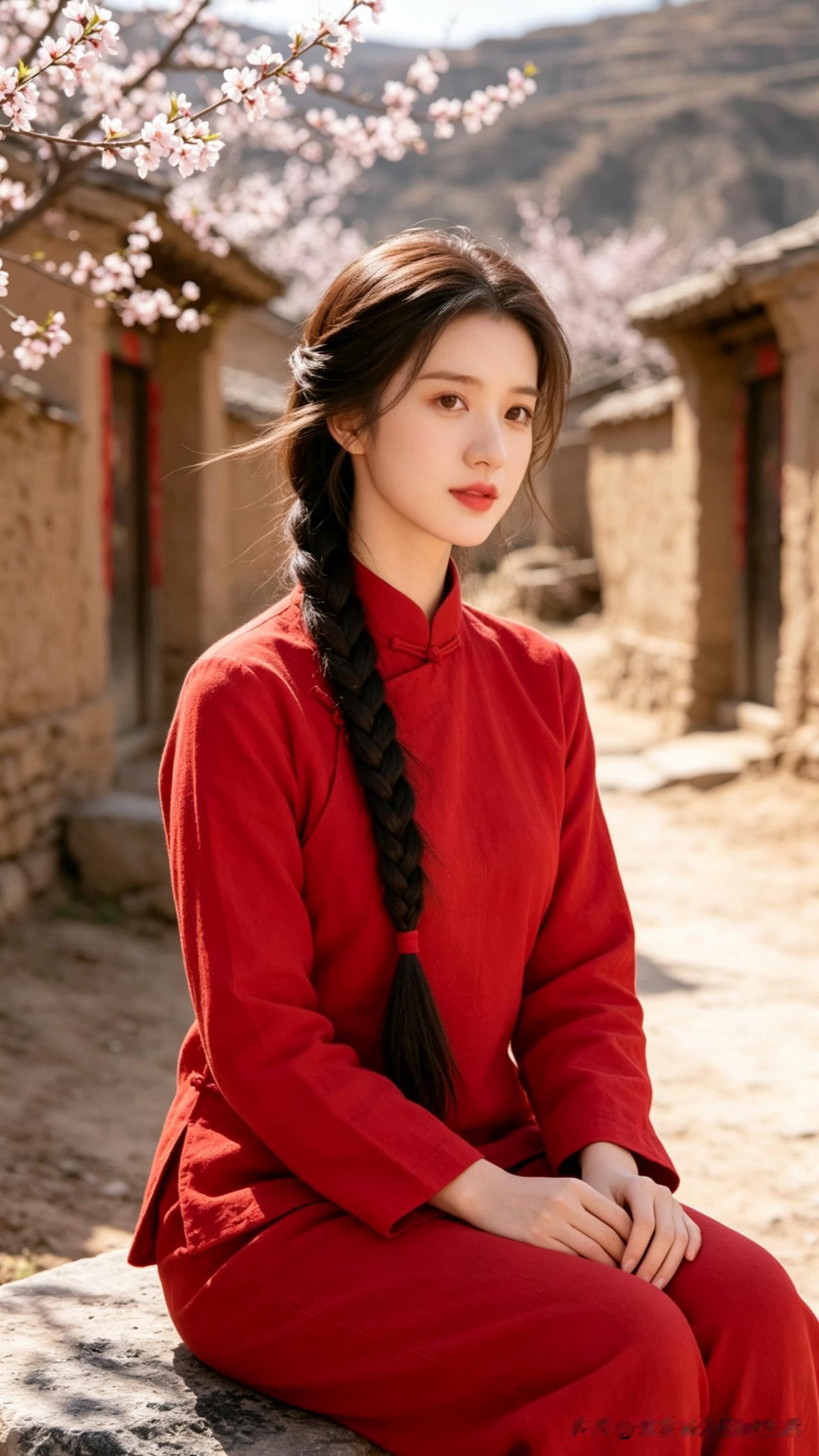 一位红衣姑娘坐在花树下，好美啊！青纱美人照 雾花女子 自然下的佳人
