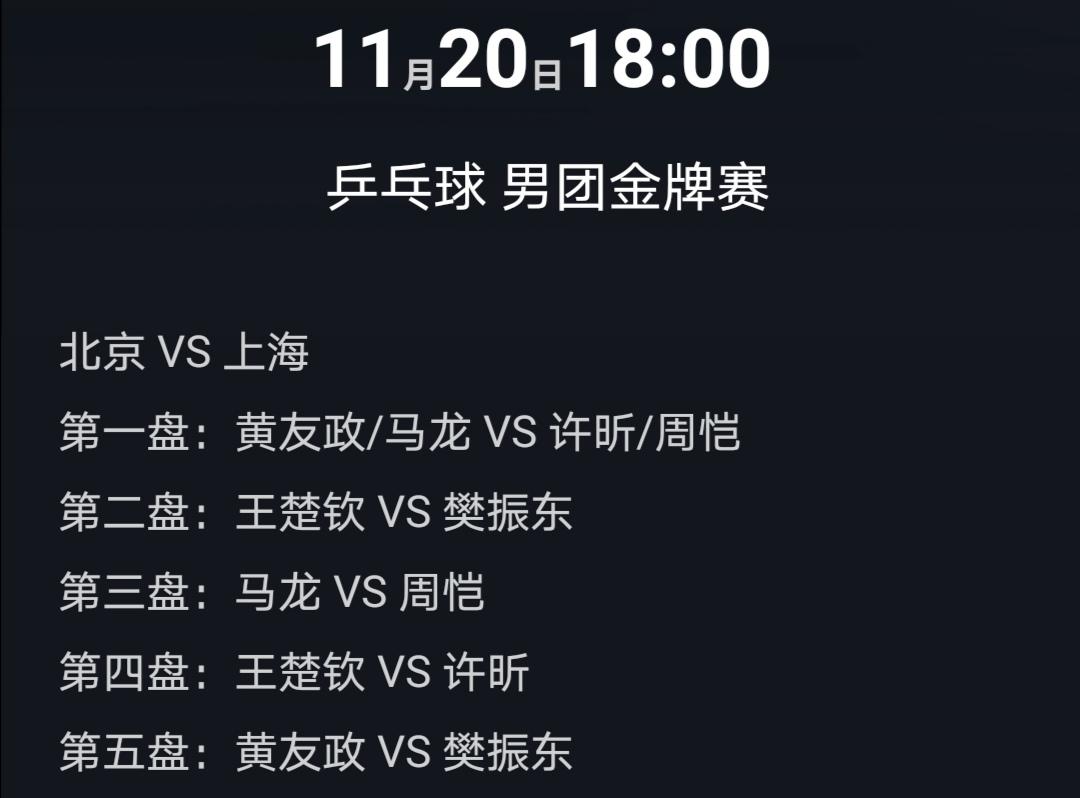 乒乓球北京队Vs上海队
男团对阵表！


18：00

全运会乒乓球成年组男子团