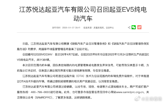 起亚EV5宣布召回，原因是仪表显示屏后侧方界面可能出现绿屏等故障 