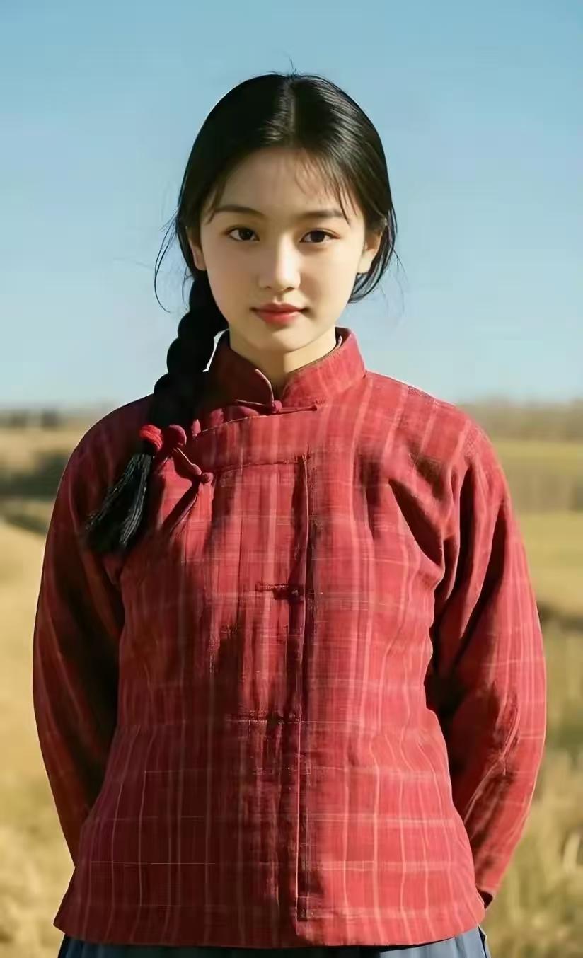 她一袭红衣伫立在那片金黄的麦田里，仿佛是这宁静田园画卷中跃动的火焰。时光没能磨灭
