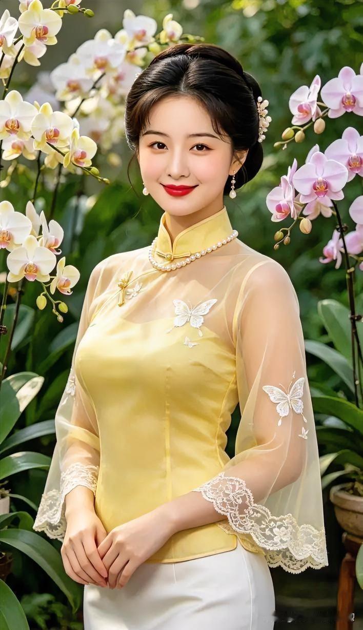 鹅黄纱衣绣蝶绕，珍珠颈间映芳华，兰香伴清雅，温婉如玉立画中。