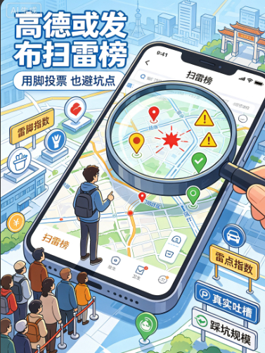 高德或发布扫雷榜对于不爱做攻略的懒人来说，高德扫雷榜绝对是宝藏功能！以前出门消费