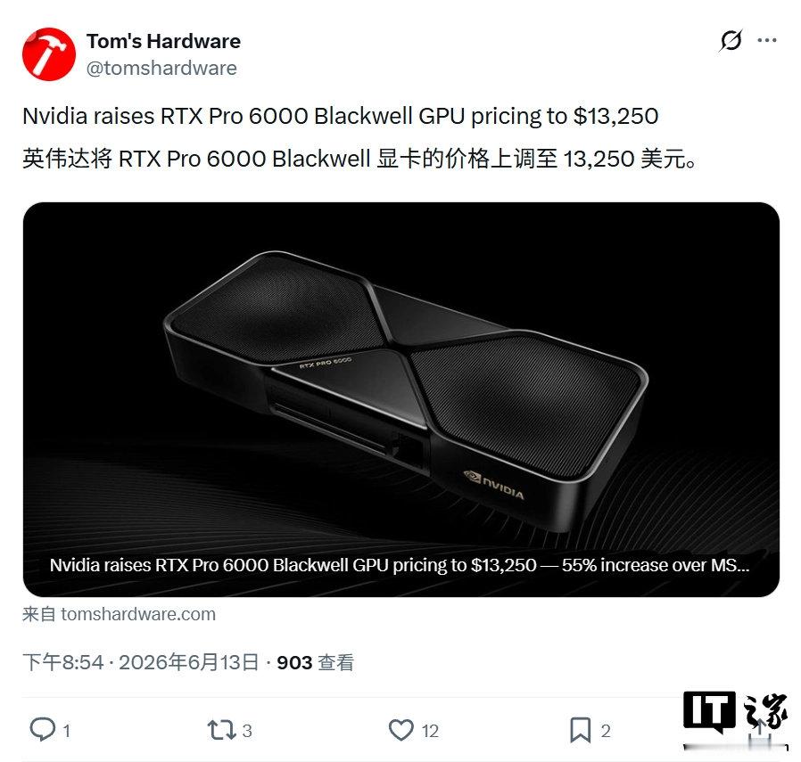 【英伟达专业显卡涨价】6 月 13 日，受全球显存供应紧张以及 AI 需求持续增