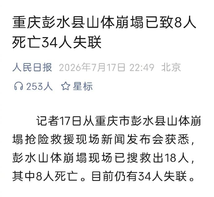 重庆彭水县山体崩塌已致8人死亡，34人失联。真是难过[谢谢][谢谢][谢谢]