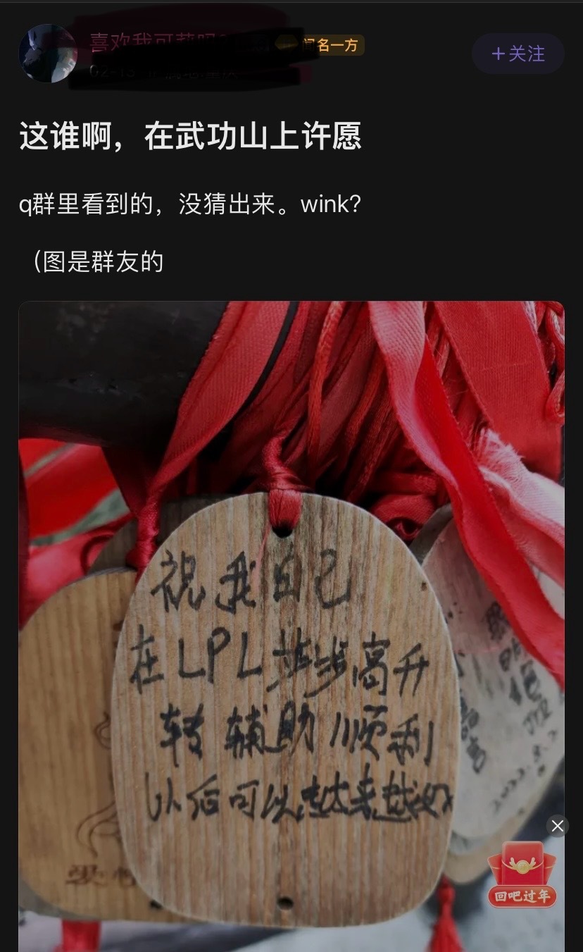 看到一个有意思的帖子，这谁在这许愿呢？在 lpl步步高升转辅助顺利？[思考]#热