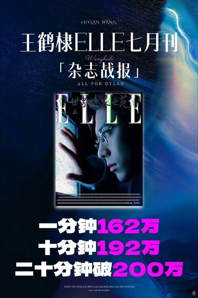王鹤棣ELLE七月刊战报 王鹤棣ELLE七月刊战报，20分钟销售额破200万~王