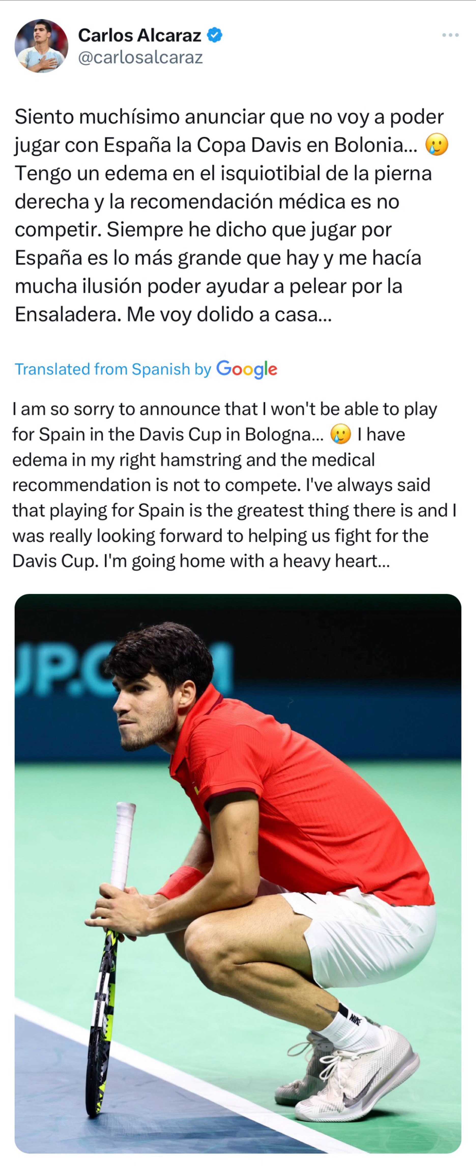 阿尔卡拉斯在社交媒体发文宣布因伤退出戴维斯杯决赛，他的2025赛季也正式宣告结束
