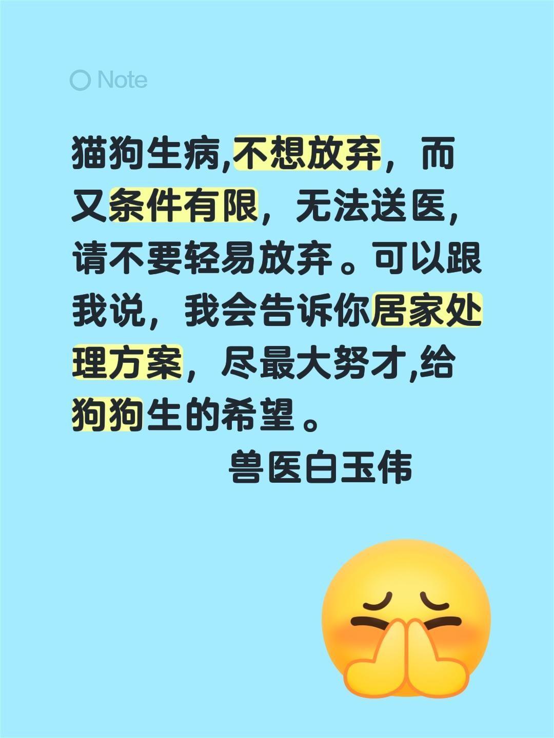 猫狗生病,不想放弃，而又条件有限，无法送医，请不要轻易放弃。可以跟我说...