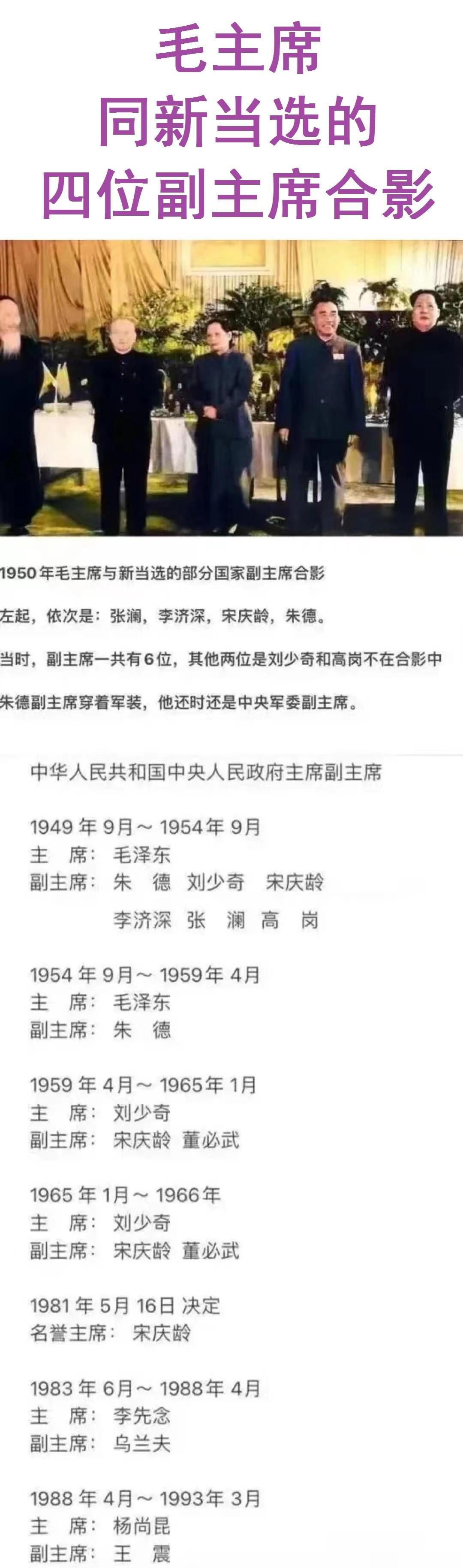 1950年，毛主席同新当选的四位副主席一起合影留念。

建国后，第一次全国代表大
