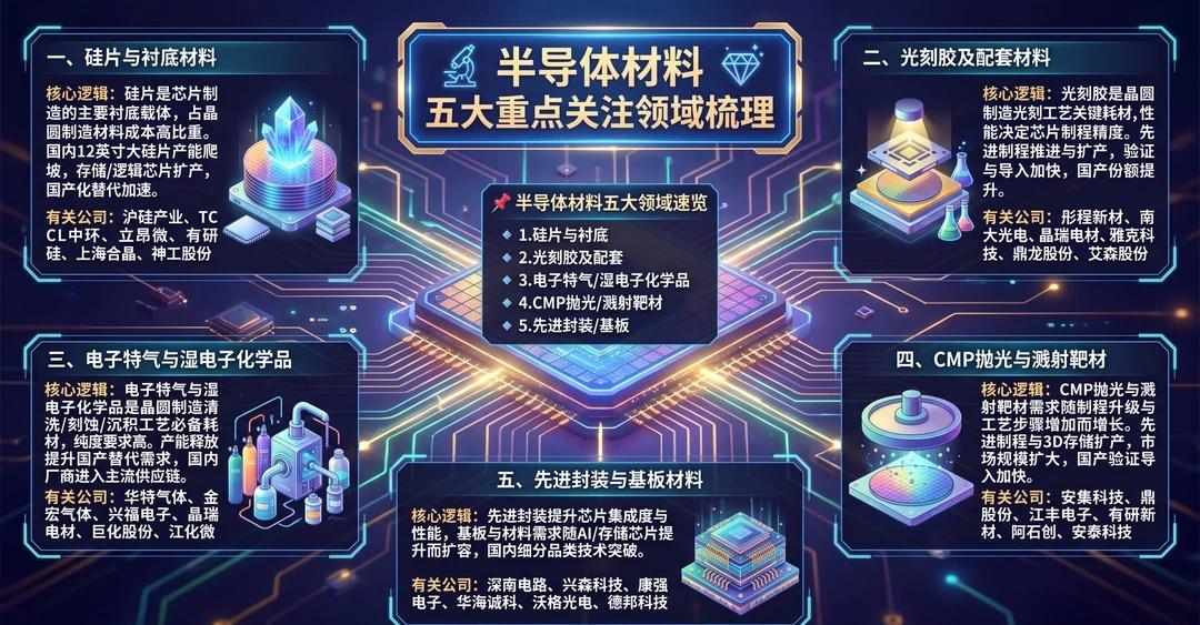 半导体材料五大重点关注细分领域梳理
半导体半导体材料科技股ai热门概念热点稳健投