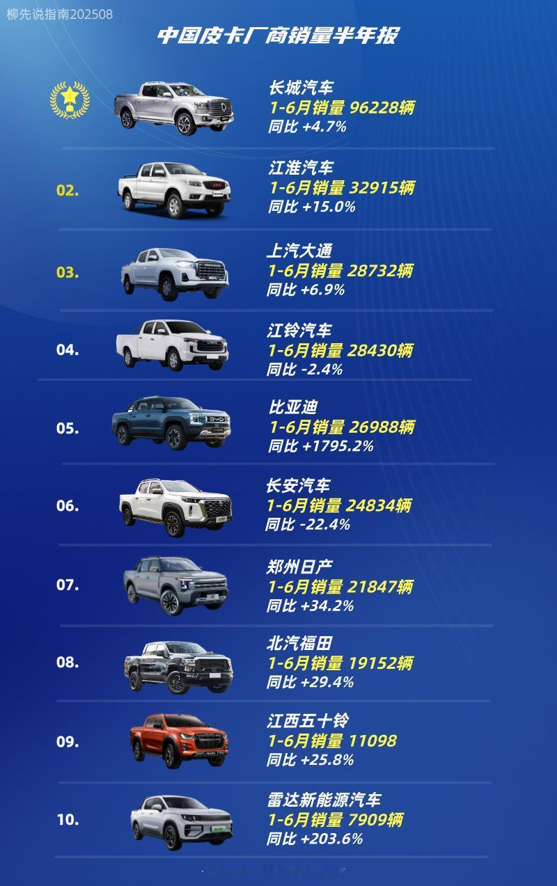 国产皮卡半年报
中国皮卡销量TOP10
第十名：雷达新能源汽车
第九名：江西五十