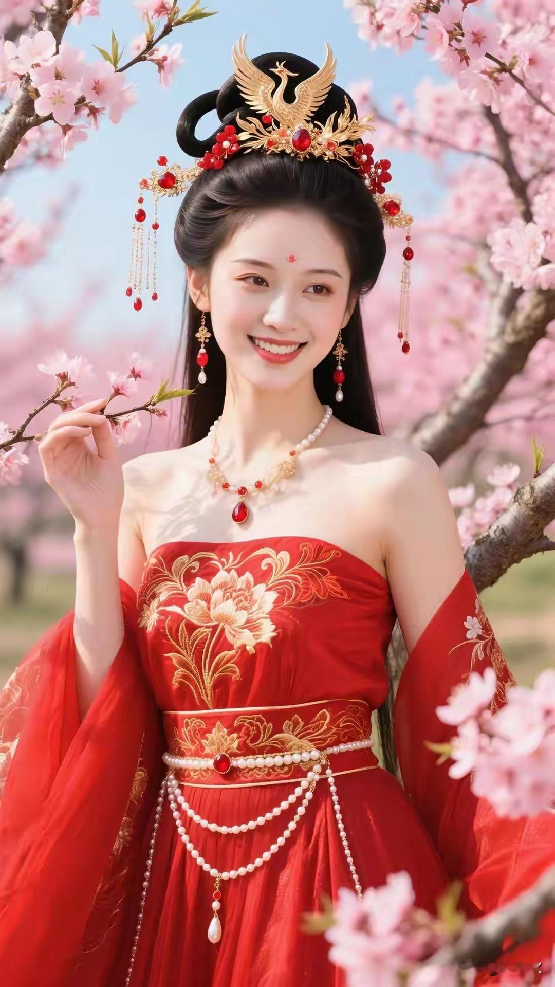 嫣然一笑百媚生，
古风美女显风情。
眉若春山含远黛
眸若秋水映繁星。