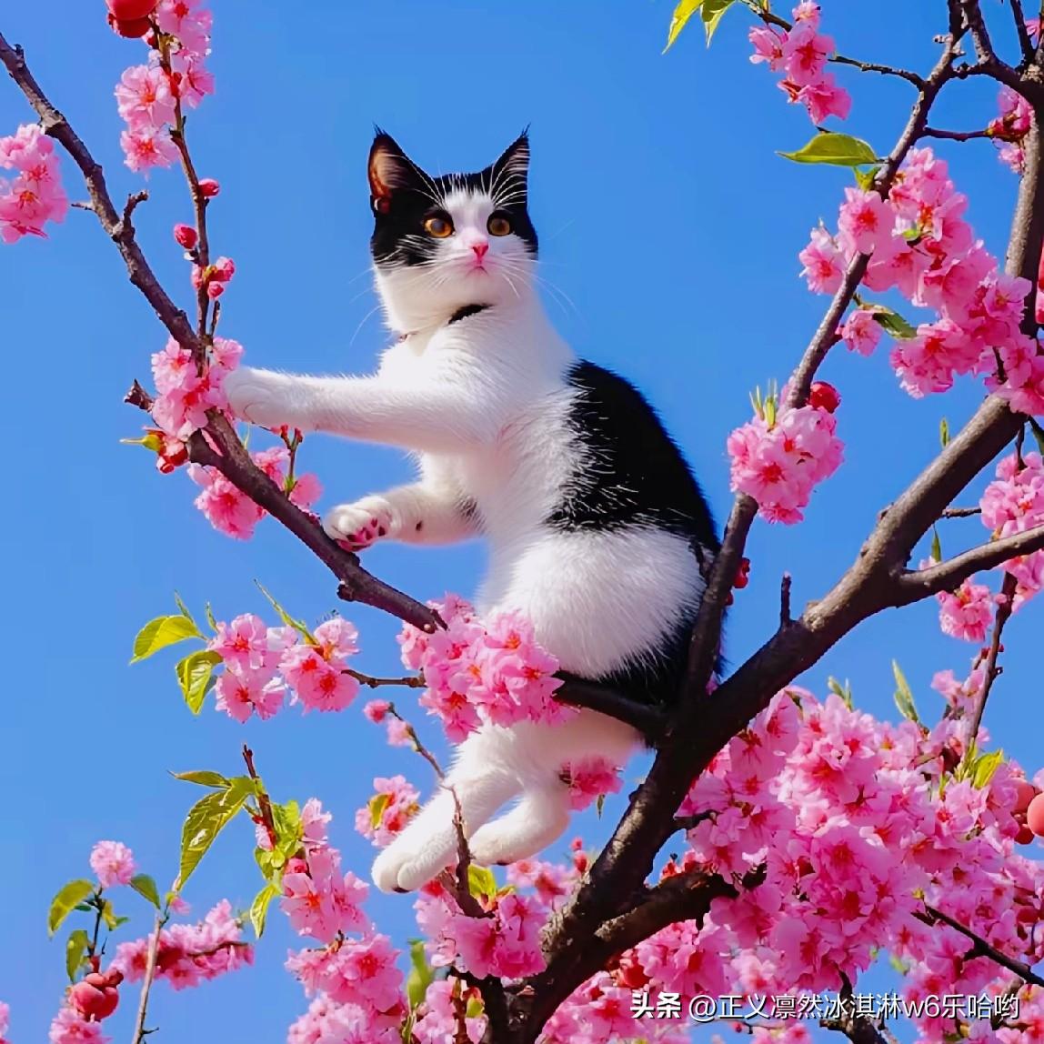 猫咪在樱花树上，春日暖阳下，萌宠与自然完美融合！[赞][来看我]