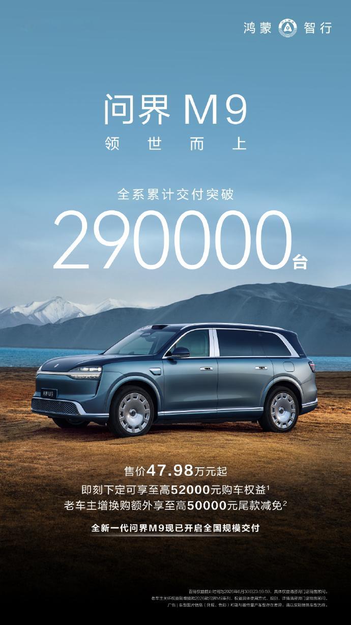 车若初见 问界M9全系累计交付量突破29万台，猛地一批，照着速度下个月就破30万