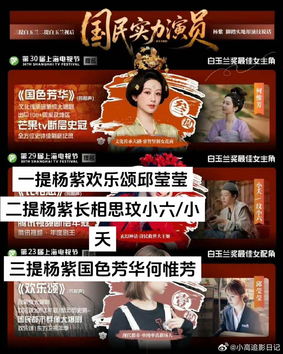 杨紫 白玉兰提名杨紫已经三提白玉兰了！还有谁不知道啊！一提杨紫欢乐颂邱莹莹二提杨