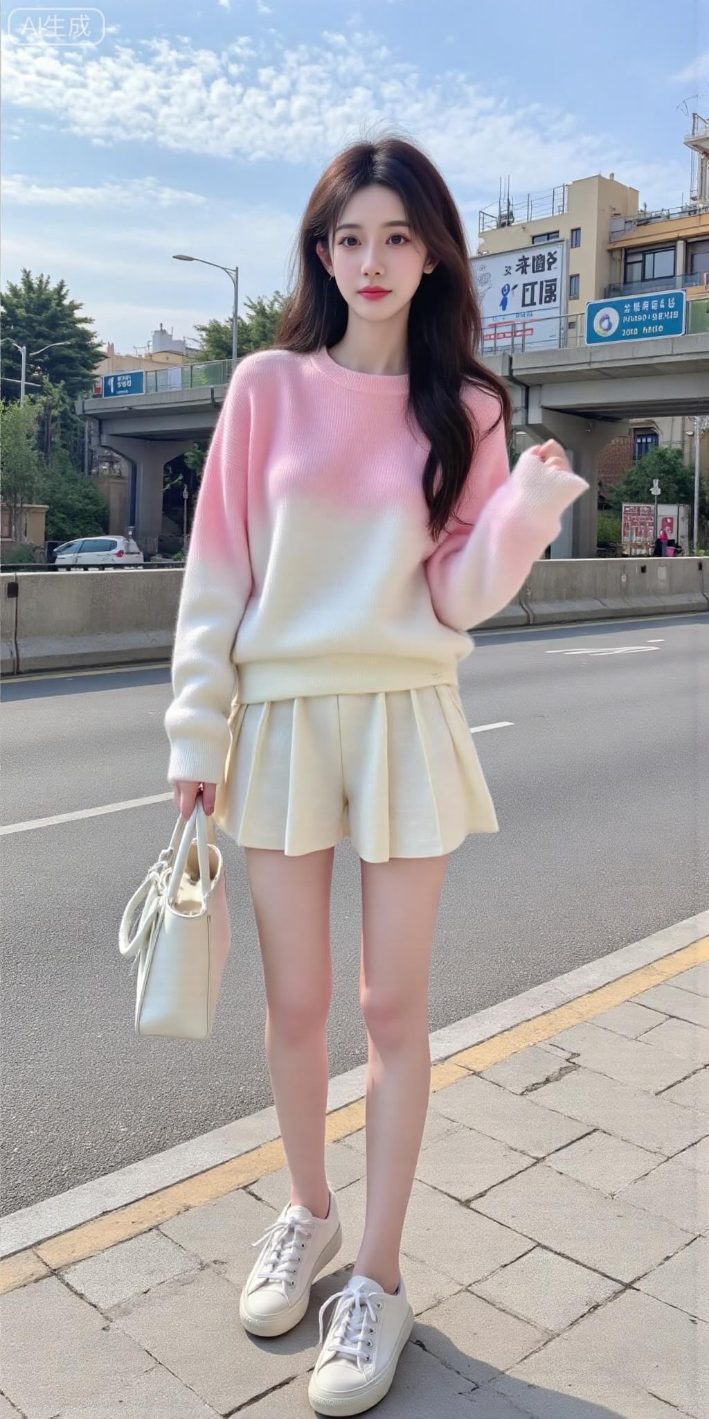 软乎乎粉白穿搭，城市街角的元气少女感拉满粉系少女感穿搭 粉系少女穿搭