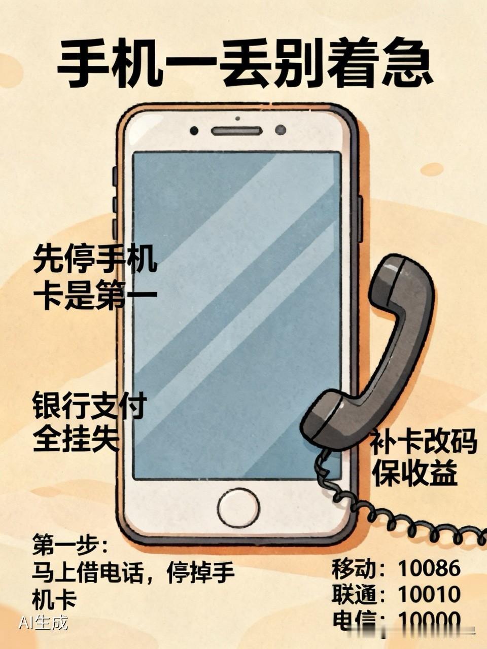 老年朋友们记住：手机一丢别着急，先停手机卡是第一。银行支付全挂失，补卡改码保收益