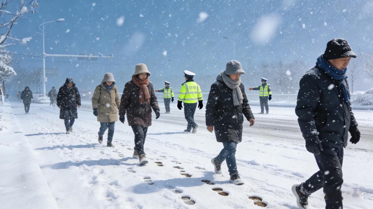 。交警叔叔们顶风冒雪坚守岗位疏堵保通，超暖心～ 今天上班上学的小伙伴，务必穿防滑
