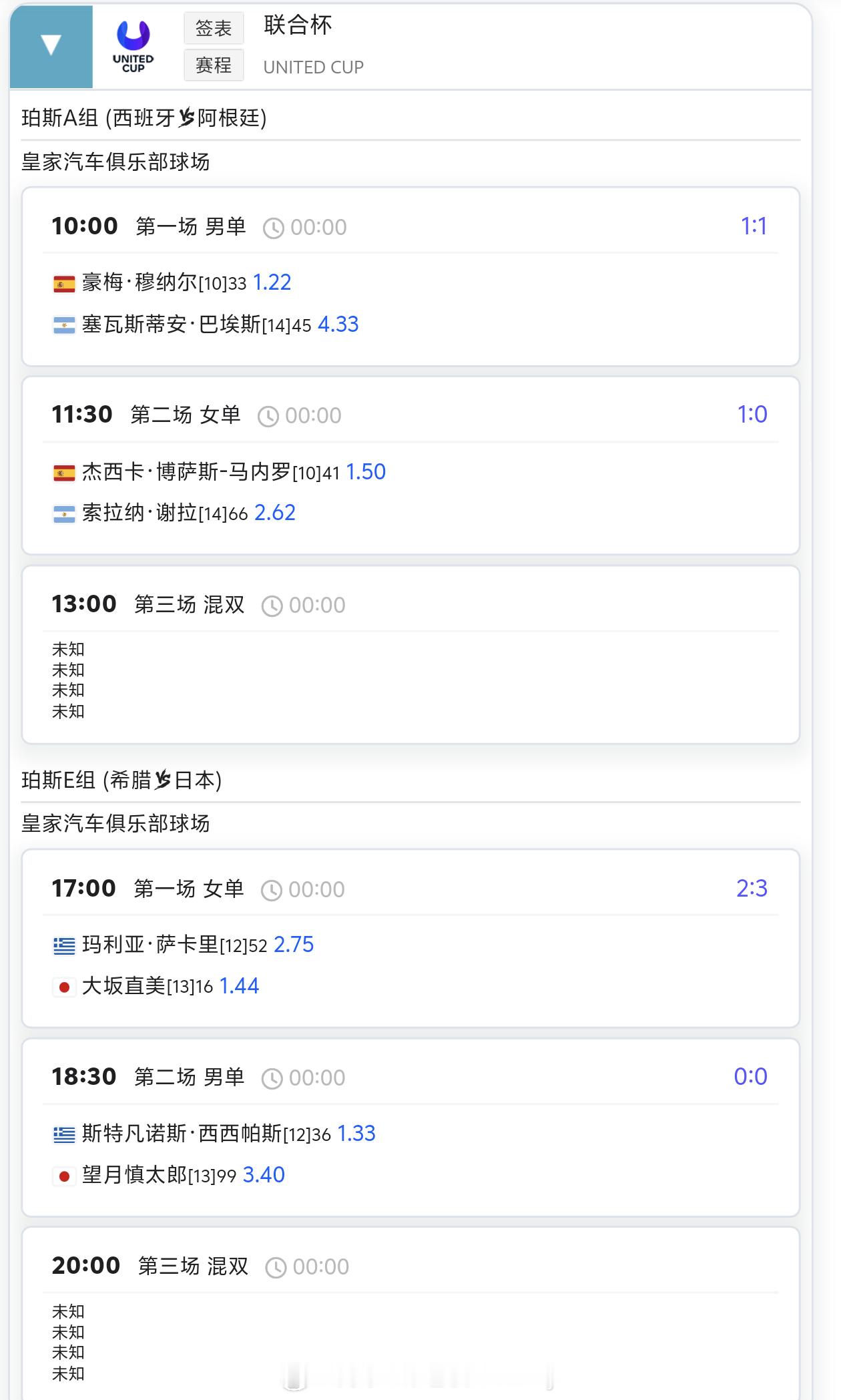2026联合杯 首日赛程 🎾新年快乐 🗓️ 1月2日（周五）🇪🇸 西班牙