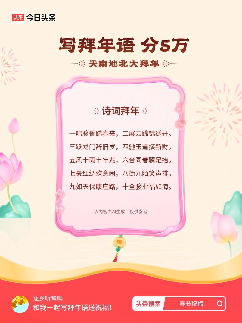 写拜年语送祝福新春拜年送祝福！我的祝福是：“一鸣骏骨踏春来，二展云蹄锦绣开。三跃
