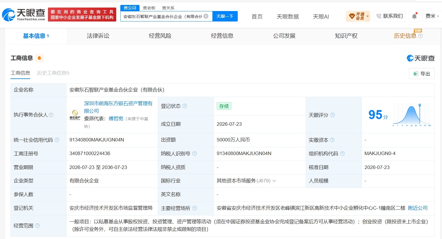 【安徽东石智联产业基金登记成立 出资额5亿】财报研究社Pro讯，天眼查App显示