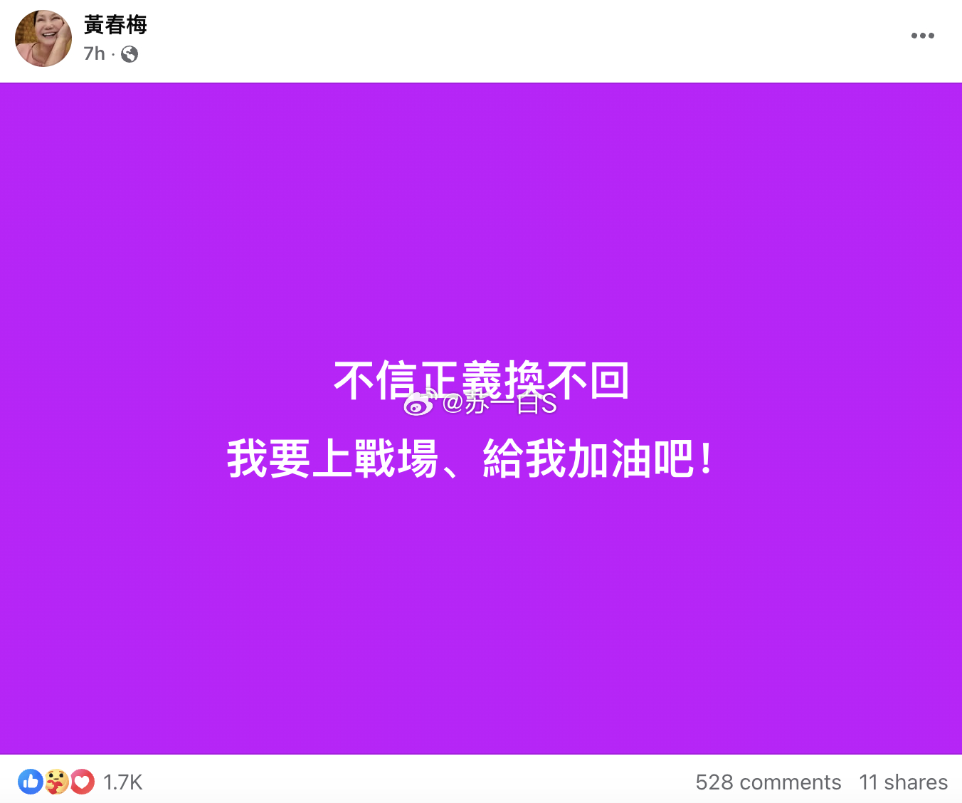 S妈的脸书账号半夜再次发文：“不信正义换不回，我要上战场，给我加油吧”还在评论区