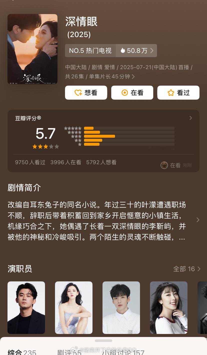 张予曦、毕雯珺《深情眼》豆瓣开分5.7，这部剧不至于这么低吧… ​​​