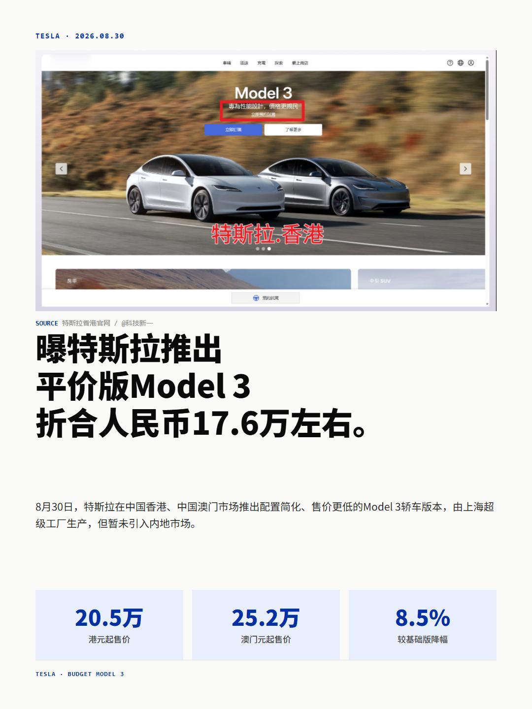 特斯拉在港澳把Model 3的价打下来了。
8月30日，香港起售价20.5万港元