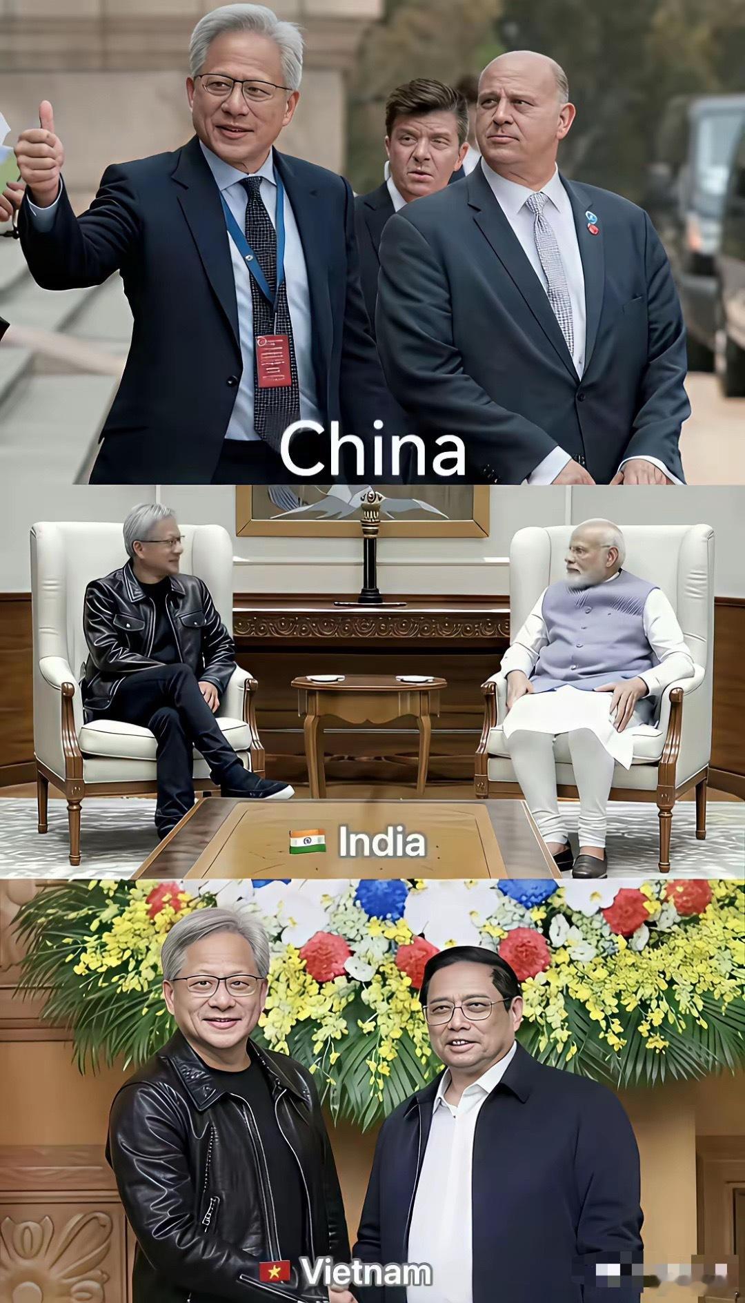 原来黄仁勋知道皮衣正式场合不能穿啊，来中国就穿正装，太细节了！ 