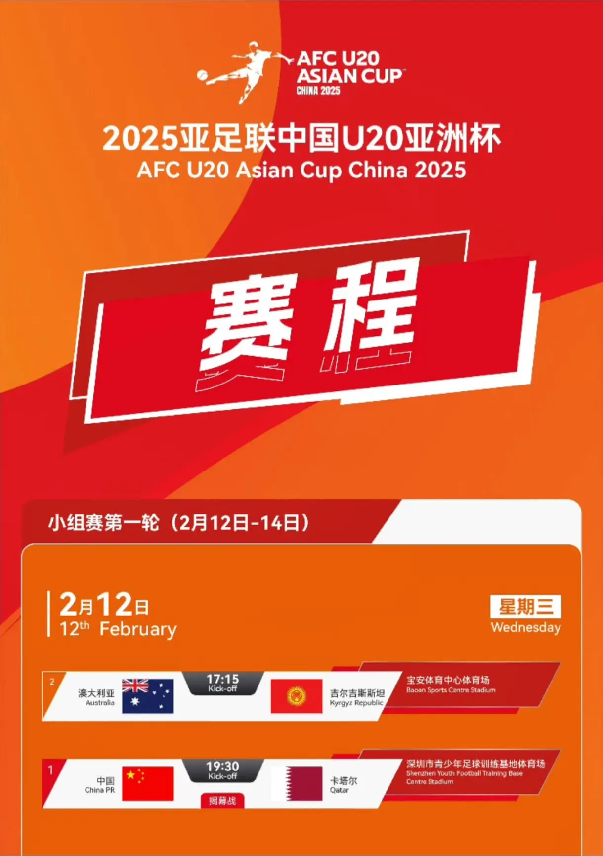 2025亚足联中国U20亚洲杯赛程正式出炉。 本届U20亚洲杯将于20...