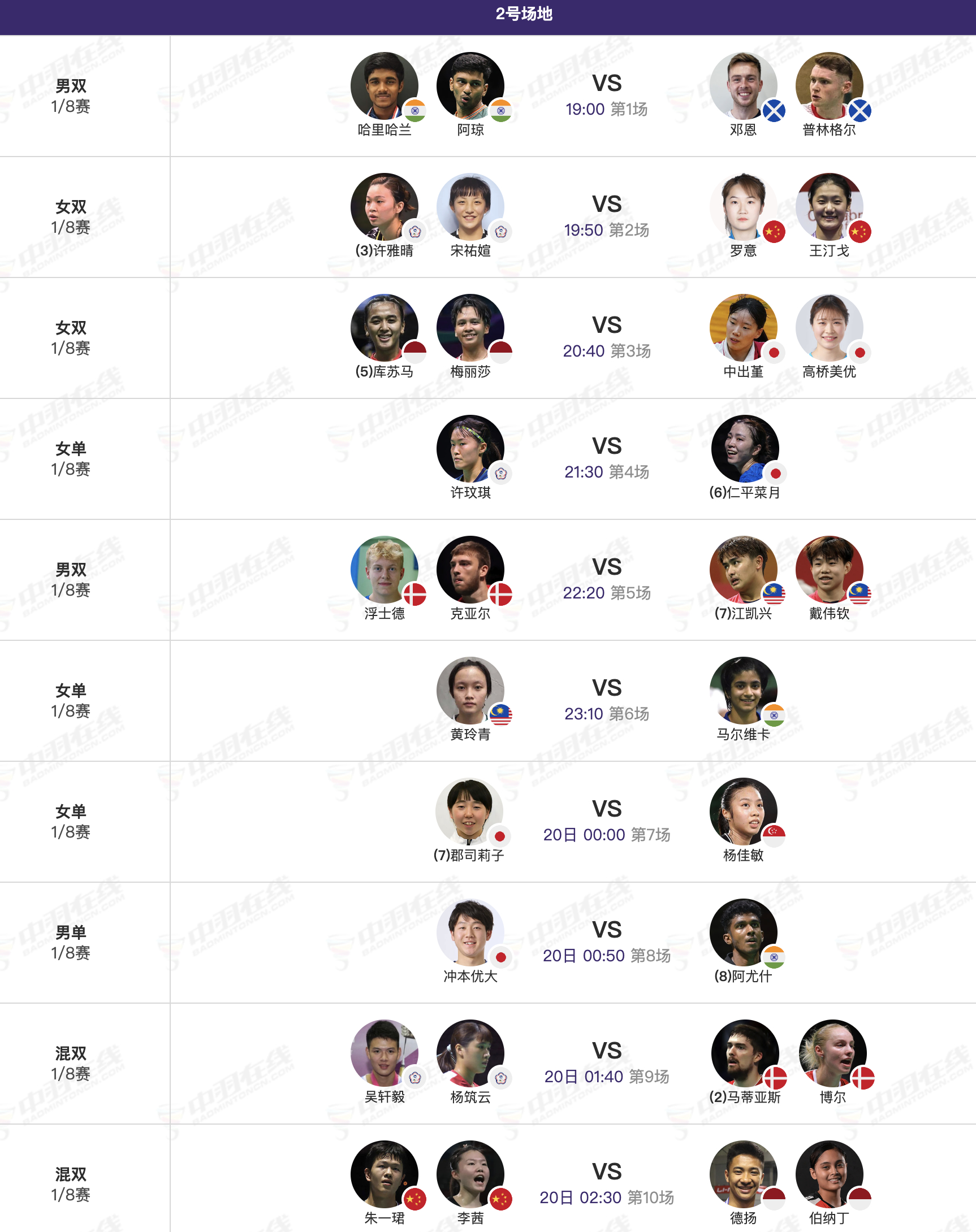 2026年奥尔良大师赛 3月19日各单项16进8，晚上19点开赛：【1号场地】3